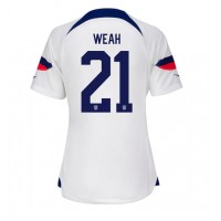 Camisa de Futebol Estados Unidos Timothy Weah #21 Equipamento Principal Mulheres Mundo 2022 Manga Curta